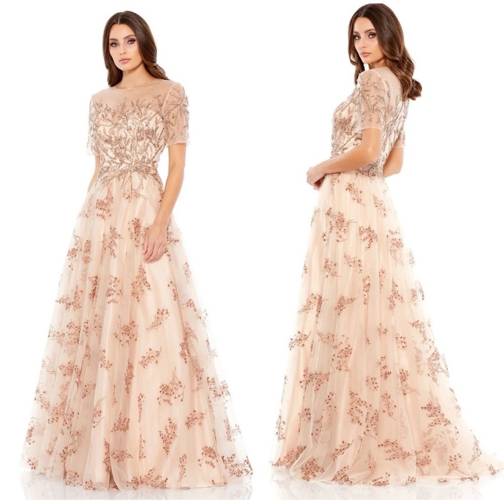 NWT Mac Duggal‎ 79317 Embellished Illusion Short Sleeve A Line Gown Sz 4 $698